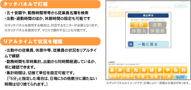 タッチパネルで打刻/リアルタイムで状況を確認